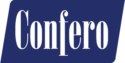 Confero Inc. Logo. Blue background with white lettering.