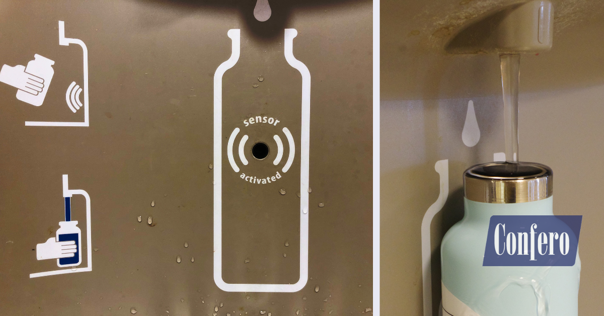 Refillable water bottles displayed at airport restaurant POS and on tables—product placement audit, Confero case study.