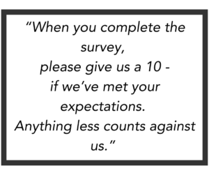  “When you complete the survey, please give us a 10 if we’ve met your expectations. Anything less counts against us.” Have you ever heard something like this when shopping? While your store associate is being proactive, this type of request of customers negates the intent of the survey, doesn't it? Learn more about accurate customer service measurement in Confero's business blog post Don’t Let the Measure Become the Goal: Why Coaching Customer Survey Responses Hurts Results 