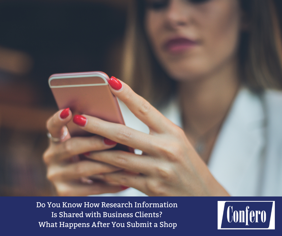 A mystery shopper submitting a report on a laptop, representing the process of reviewing, analyzing, and sharing research insights with a business client.