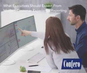 Business executives discussing modern customer experience reporting and performance insights on a digital dashboard.