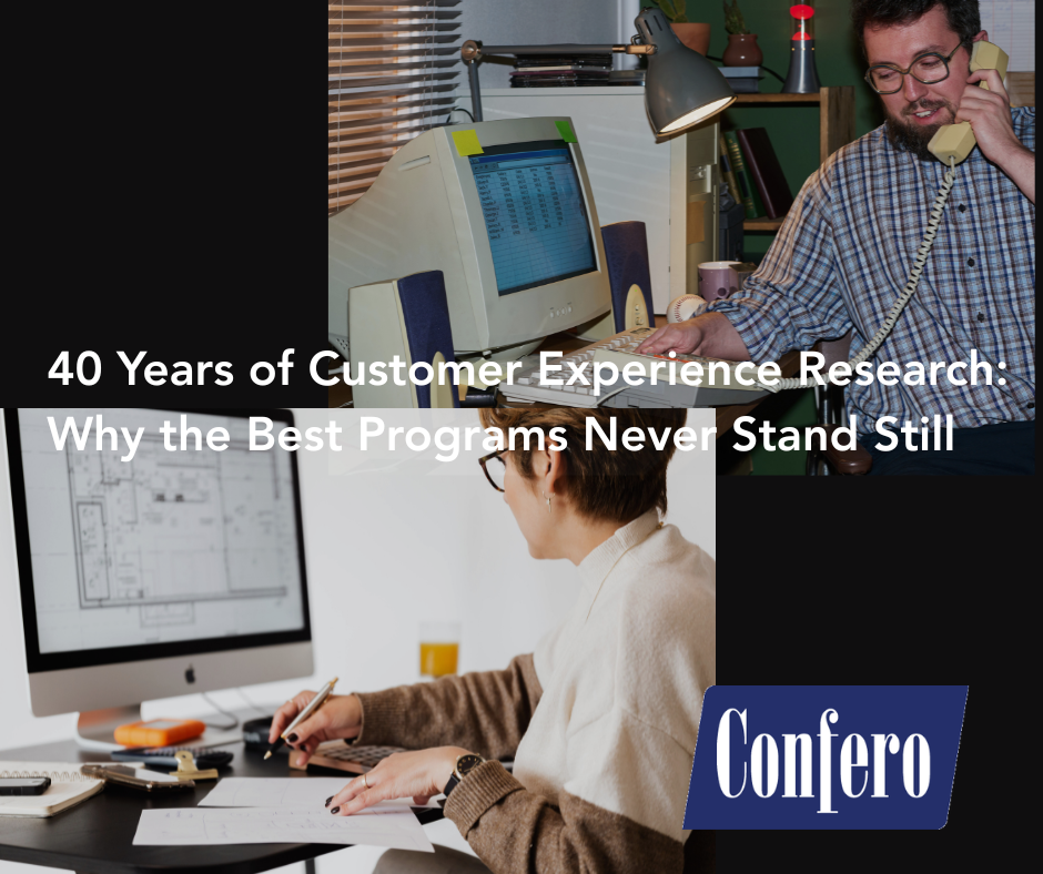 Then-and-now office technology illustrates 40 years of change in customer experience research at Confero.